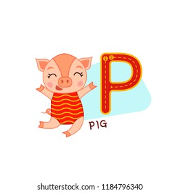 Vector cute kids animal alphabet. Letter P. Cute cartoon pig. 