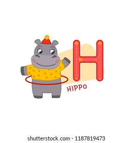Vector cute kids animal alphabet. Letter H. Cute cartoon hippo.