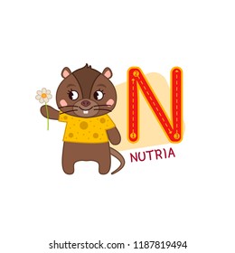 Vector cute kids animal alphabet. Letter N. Cute cartoon nutria.