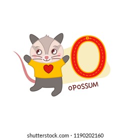 Vector cute kids animal alphabet. Letter O. Cute cartoon opossum.