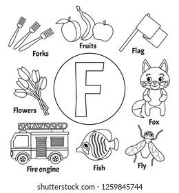 Vector cute kids animal alphabet. Letter F. Set of cute cartoon illustrations. Coloring page. 