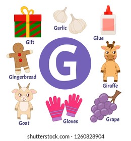 Vector cute kids animal alphabet. Letter G. Set of cute cartoon illustrations. 