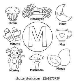 Vector cute kids animal alphabet. Letter M. Set of cute cartoon illustrations. Coloring page.