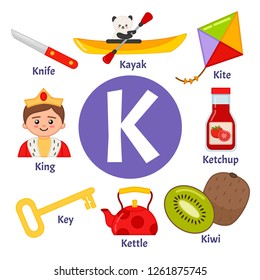 Vector cute kids animal alphabet. Letter K. Set of cute cartoon illustrations. 