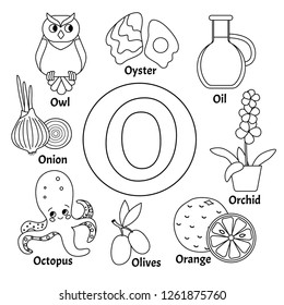 Vector cute kids animal alphabet. Letter O. Set of cute cartoon illustrations. Coloring page.