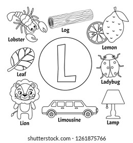 Vector cute kids animal alphabet. Letter L. Set of cute cartoon illustrations. Coloring page.