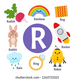 Vector cute kids animal alphabet. Letter R. Set of cute cartoon illustrations. 