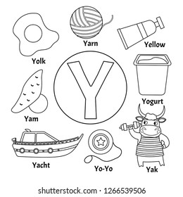 Vector cute kids animal alphabet. Letter Y. Set of cute cartoon illustrations. Coloring page. 