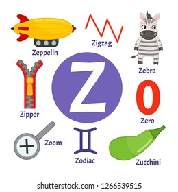 Vector cute kids animal alphabet. Letter Z. Set of cute cartoon illustrations. 