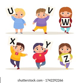 Vector cute kids animal alphabet. Cartoon children are holding signboards. U-Z.
