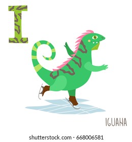 Vector cute kids animal alphabet. Letter I for the Iguana