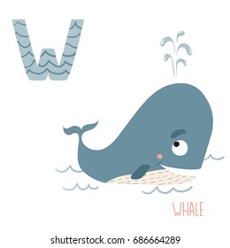 Vector cute kids animal alphabet. Letter W for Whale