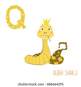 Vector cute kids animal alphabet. Letter Q for Queen snake