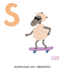 Vector cute kids animal alphabet. Letter S for the Sheep