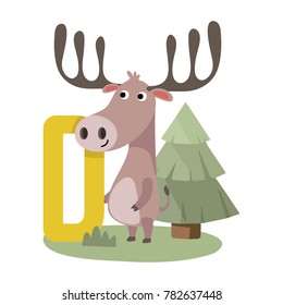 Vector cute kids animal alphabet. Letter D for the Deer. Cute Animal Vector illustration deer.