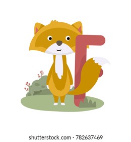 Vector cute kids animal alphabet. Letter F for the fox. Cute Animal Vector illustration fox.