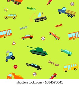 Vector cute kids auto car colorful cartoon seamless pattern on green background for decoration, gift wrap, scrapbooking, printing on fabric, banner, greeting card, sale, promotion, party. 10 eps