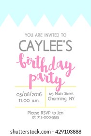 Vector Cute Kids Birthday Party Invitation With Lettering For Girl