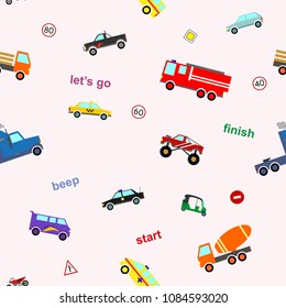 Vector cute kids car seamless pattern colorful cartoon style for gift wrap, scrapbooking, printing on fabric, decoration, banner, greeting card, sale, promotion, party poster. 10 eps