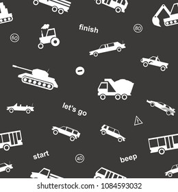 Vector cute kids car seamless pattern cartoon style for printing on fabric, scrapbooking, decoration, banner, greeting card, sale, gift wrap, promotion, party poster. 10 eps