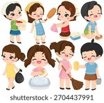 Vector Cute Kids Doing Chores Clip Art Set Children Housework Cleaning Sweeping Washing Illustration Isolated on White Background Graphic Boy Girl Character