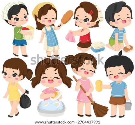 Vector Cute Kids Doing Chores Clip Art Set Children Housework Cleaning Sweeping Washing Illustration Isolated on White Background Graphic Boy Girl Character