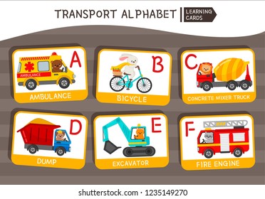 Vector cute kids transport alphabet. Letter A-F. Cute cartoon cars with animals.