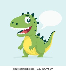 Vector Cute Kind Baby Kid Smiling Dinosaur. Happy Cartoon Green Dinosaur Tyrannosaurus Rex, Tyrex with Speech Bubble in Flat Style on Blue Background