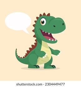 Vector Cute Kind Baby Kid Smiling Dinosaur. Happy Cartoon Green Dinosaur Tyrannosaurus Rex, Tyrex with Speech Bubble in Flat Style on Blue Background