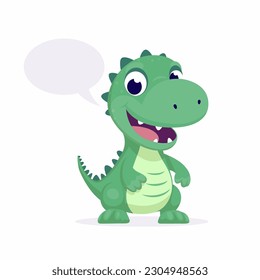 Vector Cute Kind Baby Kid Smiling Dinosaur. Happy Cartoon Green Dinosaur Tyrannosaurus Rex, Tyrex with Speech Bubble in Flat Style on Blue Background