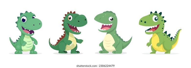 Vector Cute Kind Baby Kid Smiling Dinosaur Set. Happy Cartoon Green Dinosaur Tyrannosaurus Rex, Tyrex Collection in Flat Style Isolated