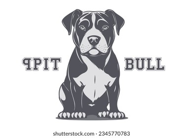 Vector cute kind dog of pit bull breed. Friendly pet. Beautiful sitting graphic puppy. White isolated background.