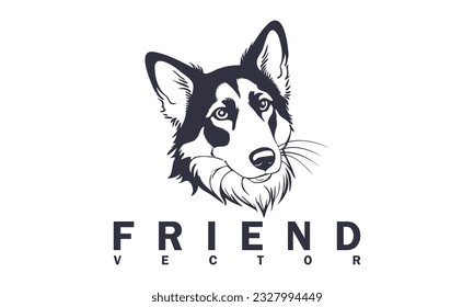 Vector cute kind dog portrait. Friendly friend. Logo, icon or emblem. Doggie head. White isolated background.