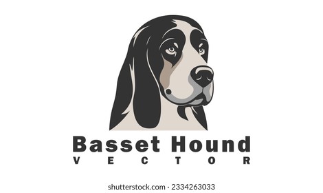 Vector cute kind friendly sad english dog breed Basset Hound with long ears. Doggy portrait. White isolated background.