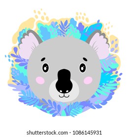 Vector cute kind koala face in the jungle. For print on a T-shirt, a picture in the nursery. Illustration