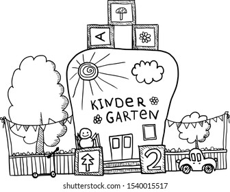 vector cute kindergarten with blocks on the roof