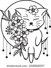 VECTOR CUTE KITTEN WITH FLORAL AND MOON DECORATION ORNAMENT ILLUSTRATION LINE ART
