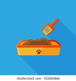 vector cute kitten litter box / with chips, scoop, shovel / orange on blue