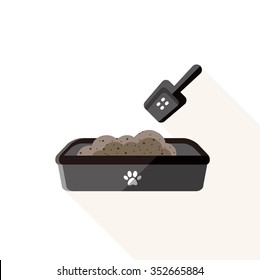 vector cute kitten litter box / with chips, scoop, shovel / black, iron grey on white