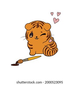 Vector cute kitten painted as a tiger illustration, new year 2022 symbol.