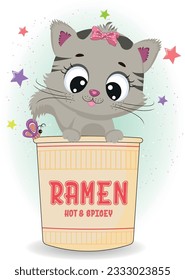 Vector a cute kitten sitting in a cup of ramen noodle