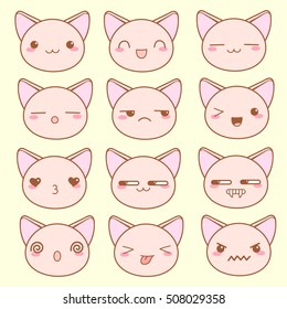 Vector cute kittens cat Kawai. Different expressions mugs kitties in the flat style. Angry, cheerful, joyful, happy, sick, love, suspicious, playful, laughing, sleepy cute pussy emoji