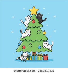 Um vetor bonito gatinhos em uma ilustração de árvore de Natal festiva