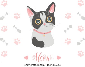 Vector cute kitty cat with collar, paws and fish