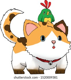 Vector of cute kitty and little parrot.