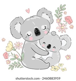 Vector cute koala and baby simple illustration. Kids print.