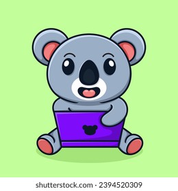 Vector cute koala cartoon, playing on laptop.