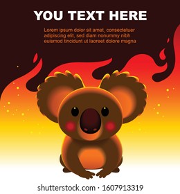 Vector cute Koala character with sample text, message on fire background