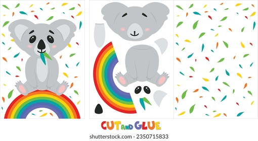 Vector cute koala sitting on colorful rainbow. Printable game for children A4 cut and glue. Australian grey bear. Simple light image on transparent background. Eyes paws nose ears and tummy separately