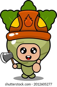 vector cute kohlrabi mascot vegetable cartoon character wearing fireman hat and holding ax with thumbs up